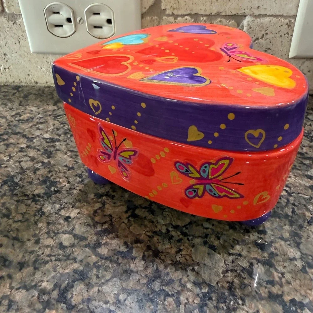 Hand Painted Ceramic Heart Trinket Box Red Purple Butterfly Footed Jewelry Dish